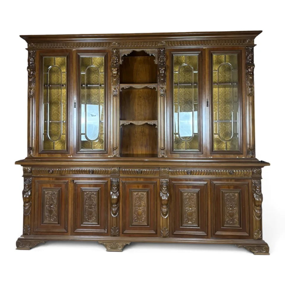 Monumentalny, dwukondygnacyjny kredens biblioteczny w stylu neorenesansowym z ciemnego drewna (orzech/dąb)
