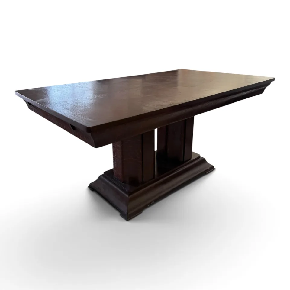 Masywny, rozkładany stół jadalniany / gabinetowy w stylu Art Déco z ciemno bejcowanego dębu