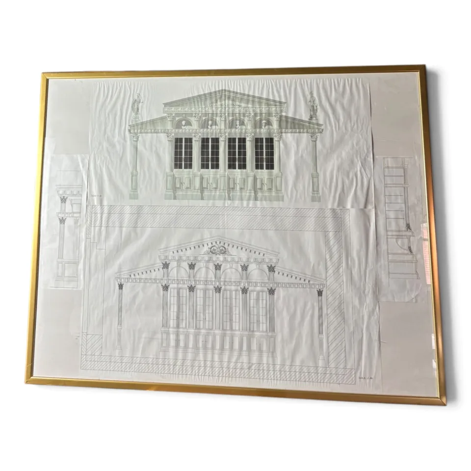 Wielkoformatowa plansza architektoniczna / rysunek projektowy zabudowy bibliotecznej / monumentalnej serwantki gabinetowej (oryginalny projekt wykonawczy stolarki pałacowej) w stylu Neoklasycyzmu / Neorenesansu (palladianizm / klasycyzm akademicki).