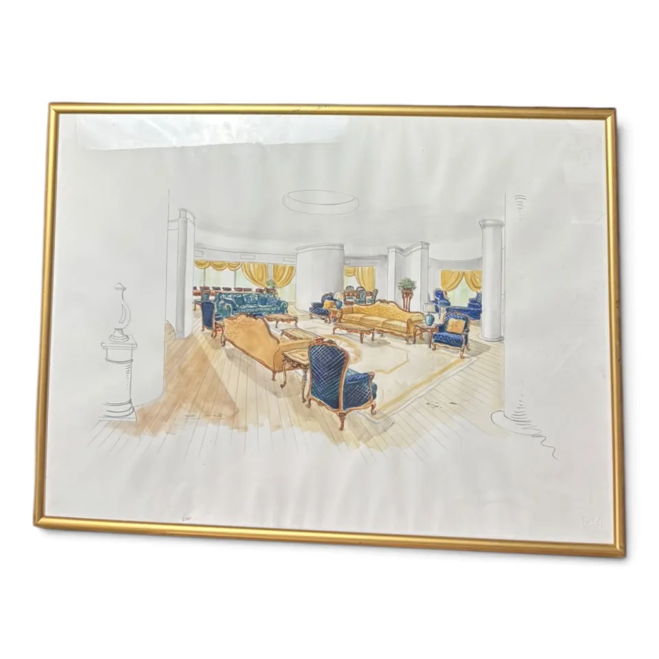 Wielkoformatowy projekt aranżacji wnętrza / perspektywiczny szkic koncepcyjny reprezentacyjnego salonu pałacowego lub hotelowego (karton projektowy architektury wnętrz) w stylu Neoklasycyzmu / Neobaroku (eklektyczny wystrój luksusowy).