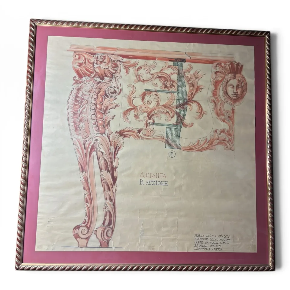 Wielkoformatowy projekt rzemiosła artystycznego / rysunek wykonawczy monumentalnej konsoli pałacowej w skali naturalnej 1:1 (disegno al vero) w stylu Baroku / Louis XIV (karton projektowy meblarski i brązowniczy).
