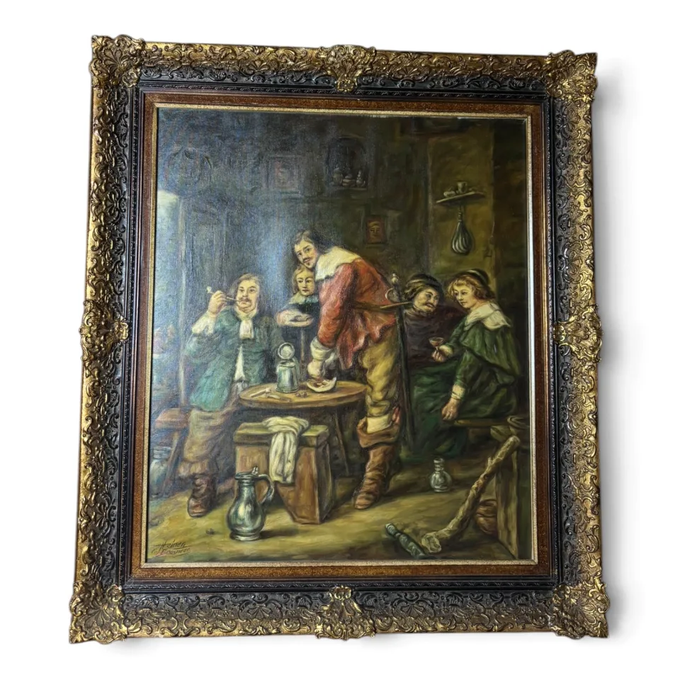 Malarstwo sztalugowe / scena rodzajowa we wnętrzu gospody / biesiada szlachecka w strojach z epoki Baroku (scena tawerniana w manierze malarstwa holenderskiego i flamandzkiego XVII w., w typie dzieł Davida Teniersa Młodszego lub Adriaena Brouwera).