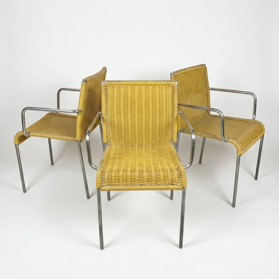 Komplet 3 modernistycznych foteli / krzeseł z podłokietnikami w stylu Mid-Century Modern / Bauhaus (typ kawiarniany / tarasowy)