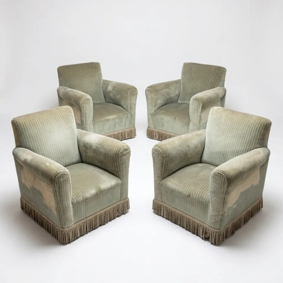 Komplet 4 klubowych foteli salonowych w stylu Art Déco / wczesnomodernistycznym (klasyczny typ fotela klubowego / club chair).