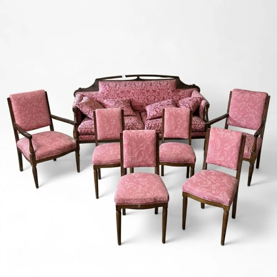 Reprezentacyjny garnitur mebli salonowych (7 elementów: sofa 3-osobowa, 2 fotele oraz 4 krzesła) w stylu eklektyzmu / Biedermeier Revival (z wyraźnymi wpływami historyzmu i późnego klasycyzmu).